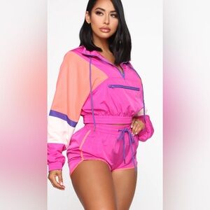 Colorful/Colorblock Cropped Windbreaker Jacket and Shorts Set